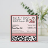 Girl Baby shower nodigt roze Zebra uit Kaart (Staand voorkant)