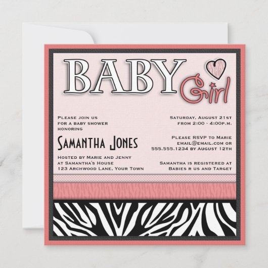 Girl Baby shower nodigt roze Zebra uit Kaart (Voorkant)