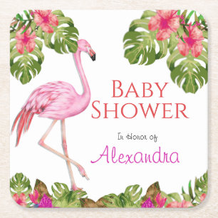 Girl Baby shower Pink Flamingo Tropical Willife Vierkante Kartonnen Onderzetter