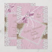 Girl Baby shower Rustic Pink Bow Lace Burlap 2 Kaart (Voorkant / Achterkant)