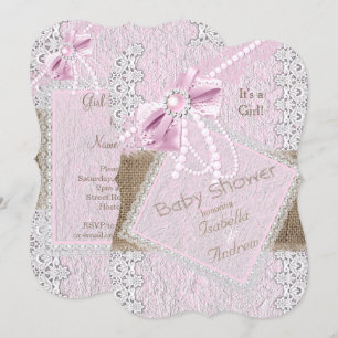 Girl Baby shower Rustic Pink Bow Pearl Lace 2 Kaart