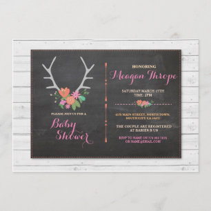 Girl Baby shower Stag Pink Rustic Floral Invite Kaart