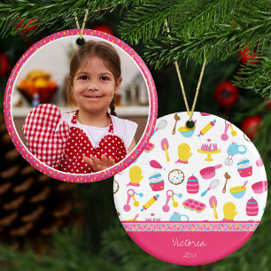Girl Baker Pink Cooking Kind Chef met kerstmis Keramisch Ornament