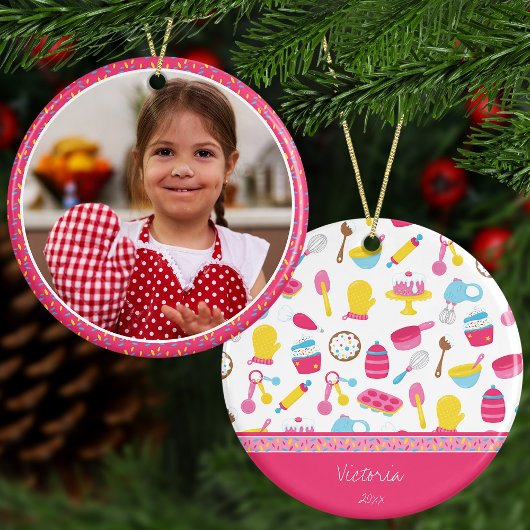 Girl Baker Pink Cooking Kind Chef met kerstmis Keramisch Ornament