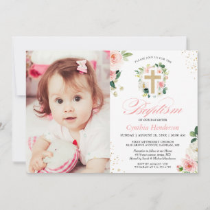Girl Baptism Christening Foto Blush Pink Floral Kaart