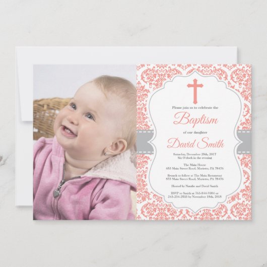Girl Baptism Invitation Coral Red en Grey Damask Kaart (Voorkant)