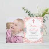 Girl Baptism Invitation Coral Red en Grey Damask Kaart (Staand voorkant)
