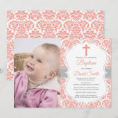 Girl Baptism Invitation Coral Red en Grey Damask Kaart (Voorkant / Achterkant)