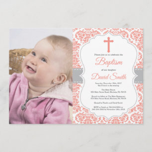 Girl Baptism Invitation Coral Red en Grey Damask Kaart
