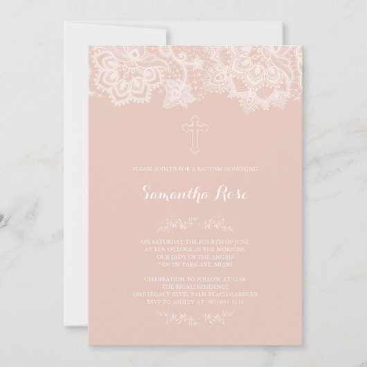 Girl Baptism Invitation Pink Lace Kaart (Voorkant)