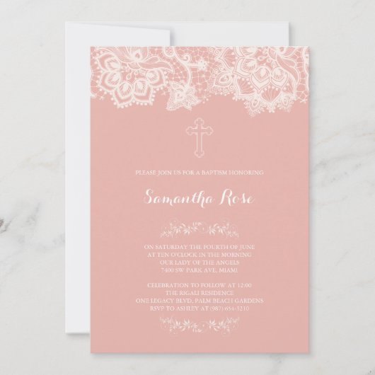 Girl Baptism Invitation Pink Lace Kaart (Voorkant)