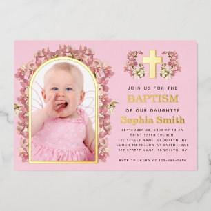 Girl Baptism Pink Floral Arch Foto Orchids Gold Folie Uitnodiging