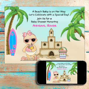 Girl Beach Baby Sandcastle in SurfboardBaby shower Kaart