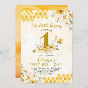 Girl Bee First Birthday Invitation Kaart