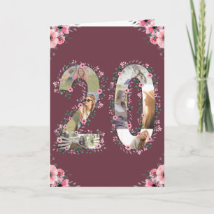 Girl Big 20th Birthday Foto Collage Pink Flower Kaart