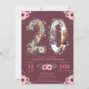 Girl Big 20th Birthday Foto Collage Pink Flower Kaart