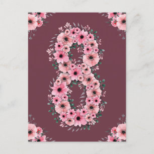 Girl Big 8th Birthday Pink Flowers Green Foliage Briefkaart