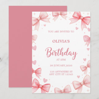 Girl Birthday Invitation Pink Bow Sweet Kids Party Kaart