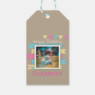 Girl Birthday roze, geel en blauw Cadeaulabel