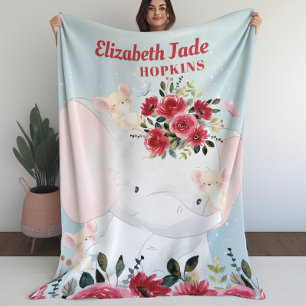 Girl Blanket met Elephant Burgundy Maroon Flowers Fleece Deken