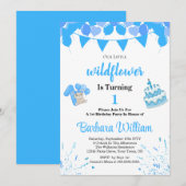 Girl Blue Bear 1st Birthday Invitation Card (Devant / Derrière)