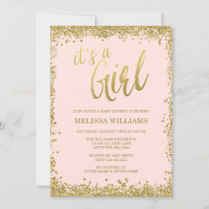 Girl Blush Pink Faux Gold Glitter Baby shower Kaart