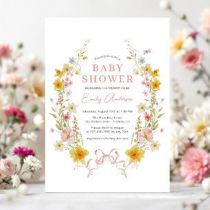 Girl Bow Pink Wildflower Coquette Baby shower Kaart
