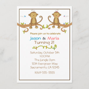 Girl Boy Twins Party Baby shower Monkey Invitation Kaart