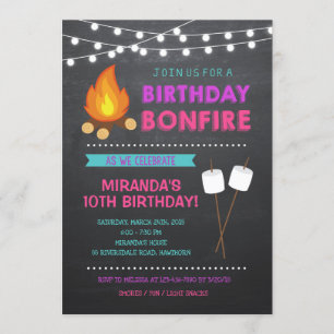 Girl Camp Bonfire Birthday Invitation Kaart