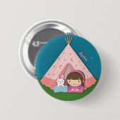 Girl Camping Teepee Tent Bunny Ronde Button 5,7 Cm (Voorkant /achterkant)