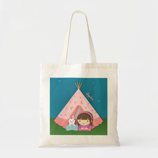 Girl Camping Teepee Tent Bunny Tote Bag (Voorkant)
