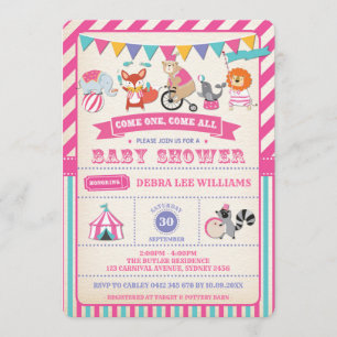 Girl Carnival Circus Animals Baby shower Invite Kaart