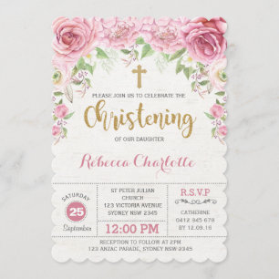 Girl Christening Invitation Pink Gold Flower Rozen Kaart
