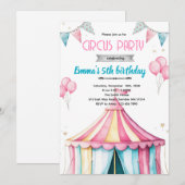 Girl circus party theme invitation (Devant / Derrière)