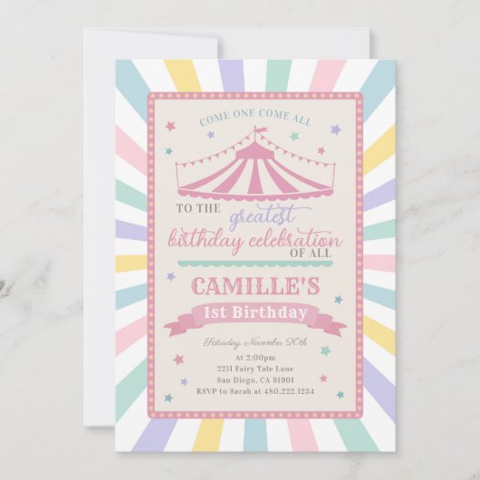 Girl Circus Theme Birthday Party Invitation (Devant)