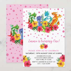 Girl Colorful Dinosaur Tropical First Birthday Kaart