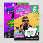 Girl Comic Book Superhero Invitation d'anniversair (Devant / Derrière)