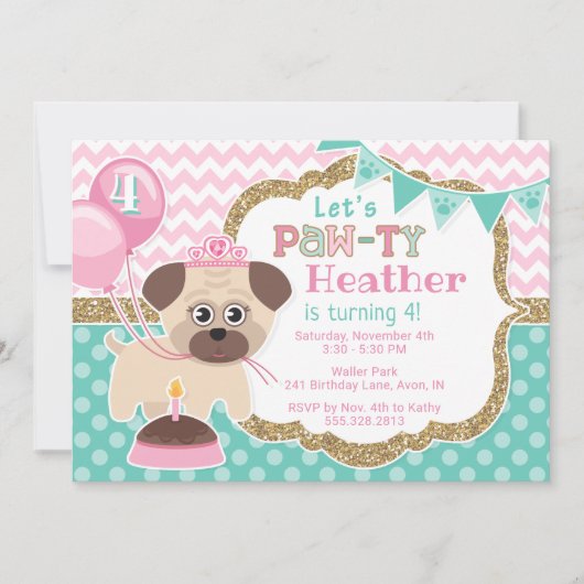 Girl Cute Princess Puppy Pawty Invitation Annivers (Devant)
