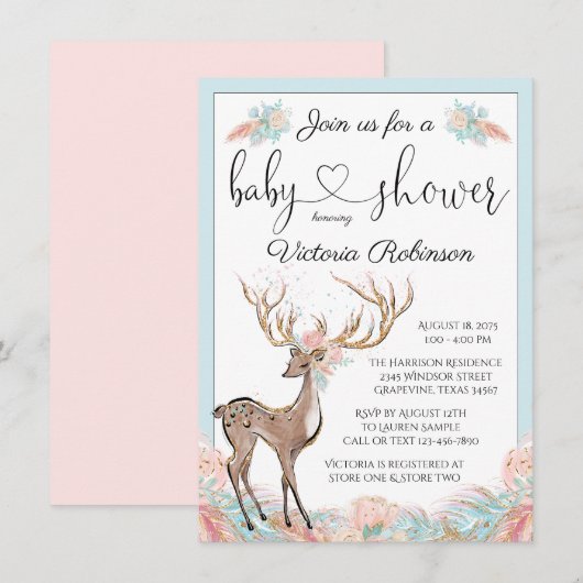 Girl Deer Roze Blauwgroen Waterverf Baby shower Kaart (Voorkant / Achterkant)