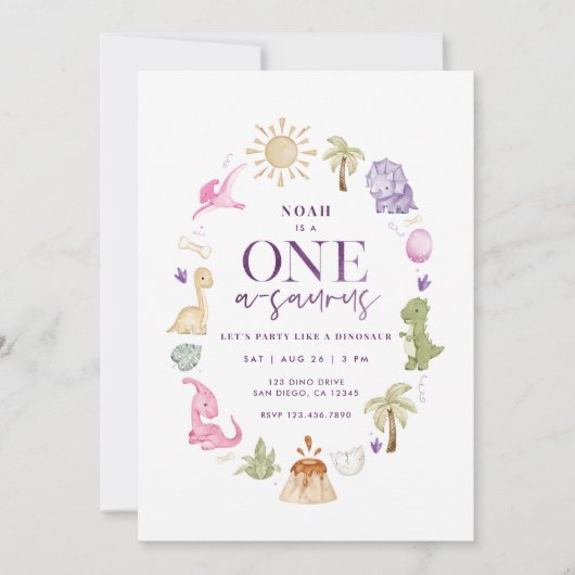 Girl Dino One-a-saurus 1er anniversaire Invitation (Devant)