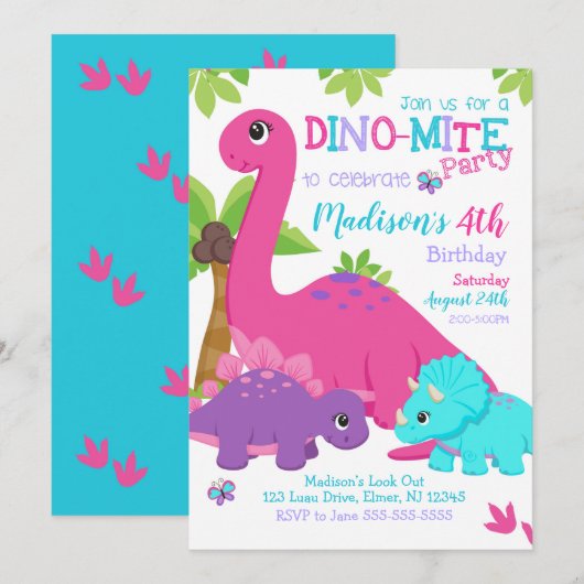Girl Dinosaur Birthday Invitation / Dino Party Kaart (Voorkant / Achterkant)