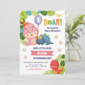 Girl Dinosaur Birthday Invitation Kaart (Staand voorkant)
