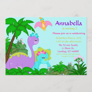 Girl Dinosaur Birthday Invitation Kaart