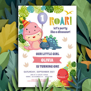 Girl Dinosaur Birthday Invitation Kaart