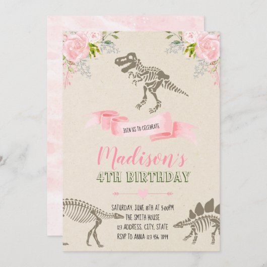 Girl dinosaur partijuitnodiging kaart (Voorkant / Achterkant)