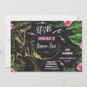 Girl Dinosaur Three-Rex Birthday Invitation Kaart (Voorkant)