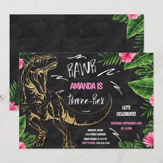 Girl Dinosaur Three-Rex Birthday Invitation Kaart (Voorkant / Achterkant)