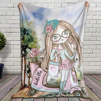 Girl Doodle Scooter Persoonlijke naam Fleece Deken