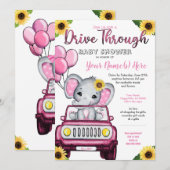 Girl drive by Baby shower Elephant Sunflower Kaart (Voorkant / Achterkant)