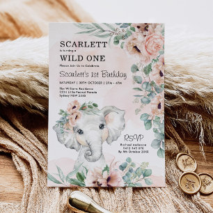 Girl Elephant 1e verjaardag Blush Floral Eucalyptu Kaart